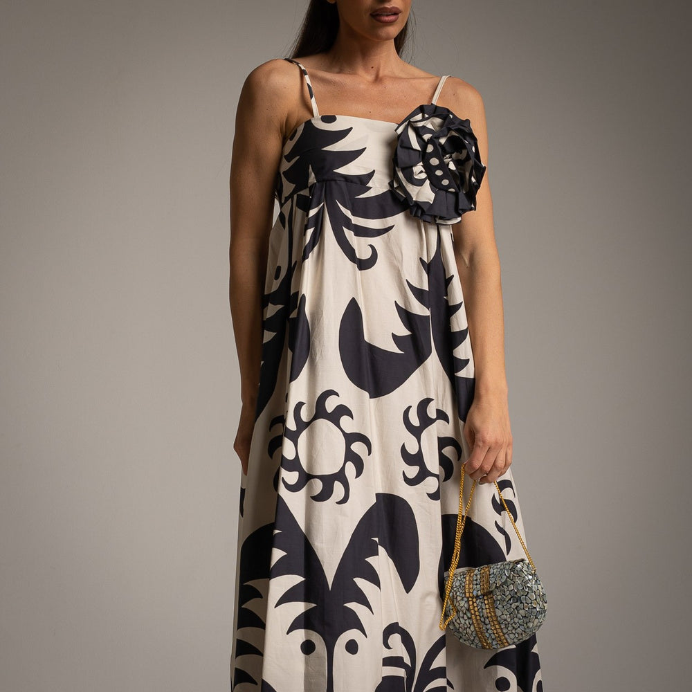 Boho chic abstract cotton maxi dress with removable flower and graphic print detail