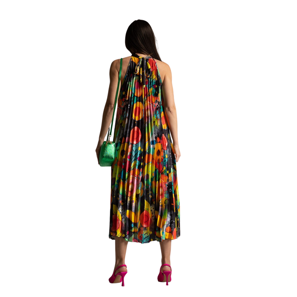 Back view of black version of the dress with abstract rainbow dot design.