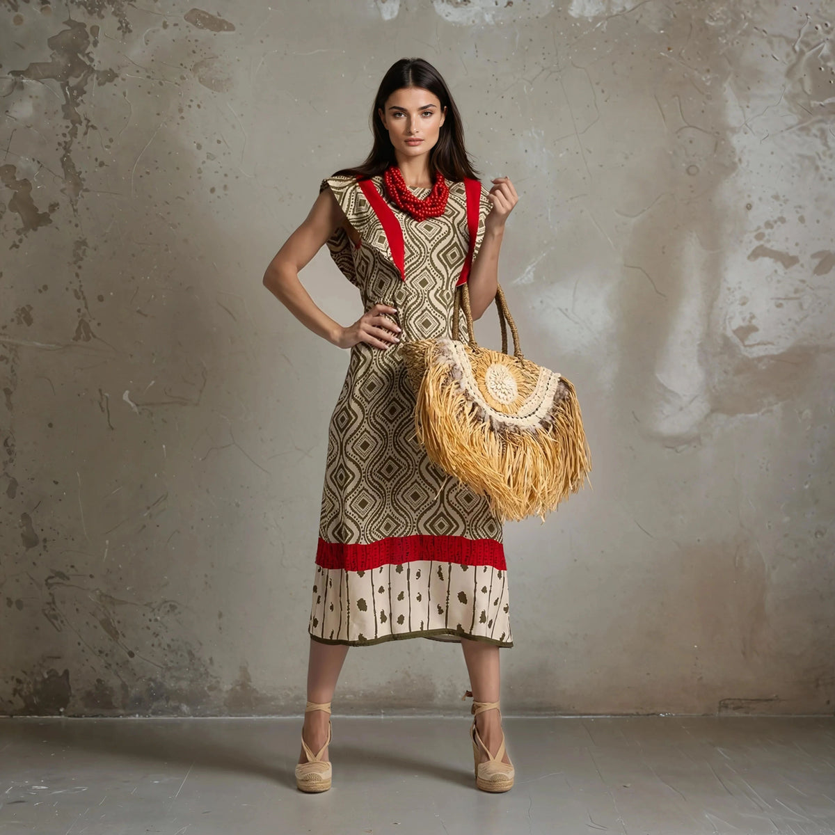 Full body view of patterned midi dress with red details – Autumn 2025 collection