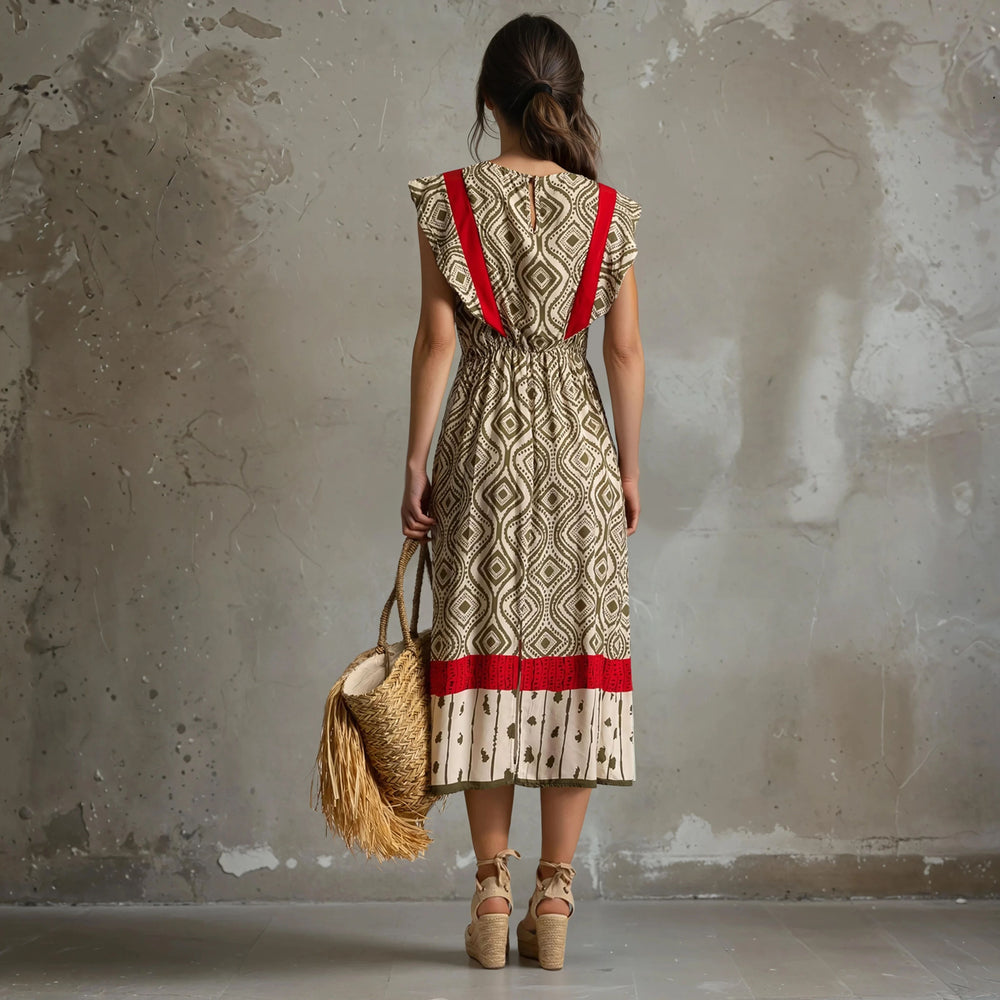 Back view of patterned midi dress with geometric print and red accents
