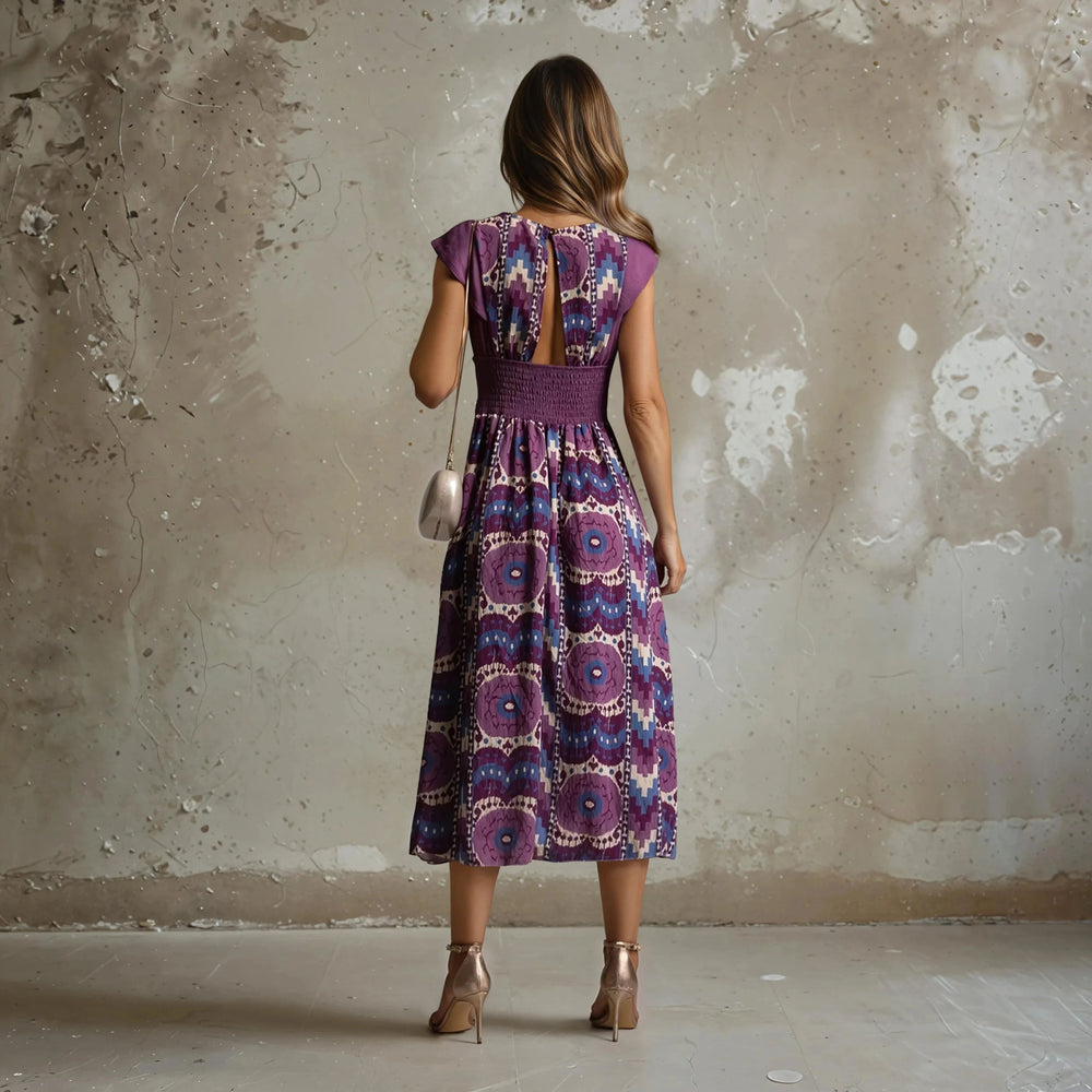 Back view of bohemian midi dress with smocked waistband and keyhole opening, flowing skirt in vintage-inspired pattern