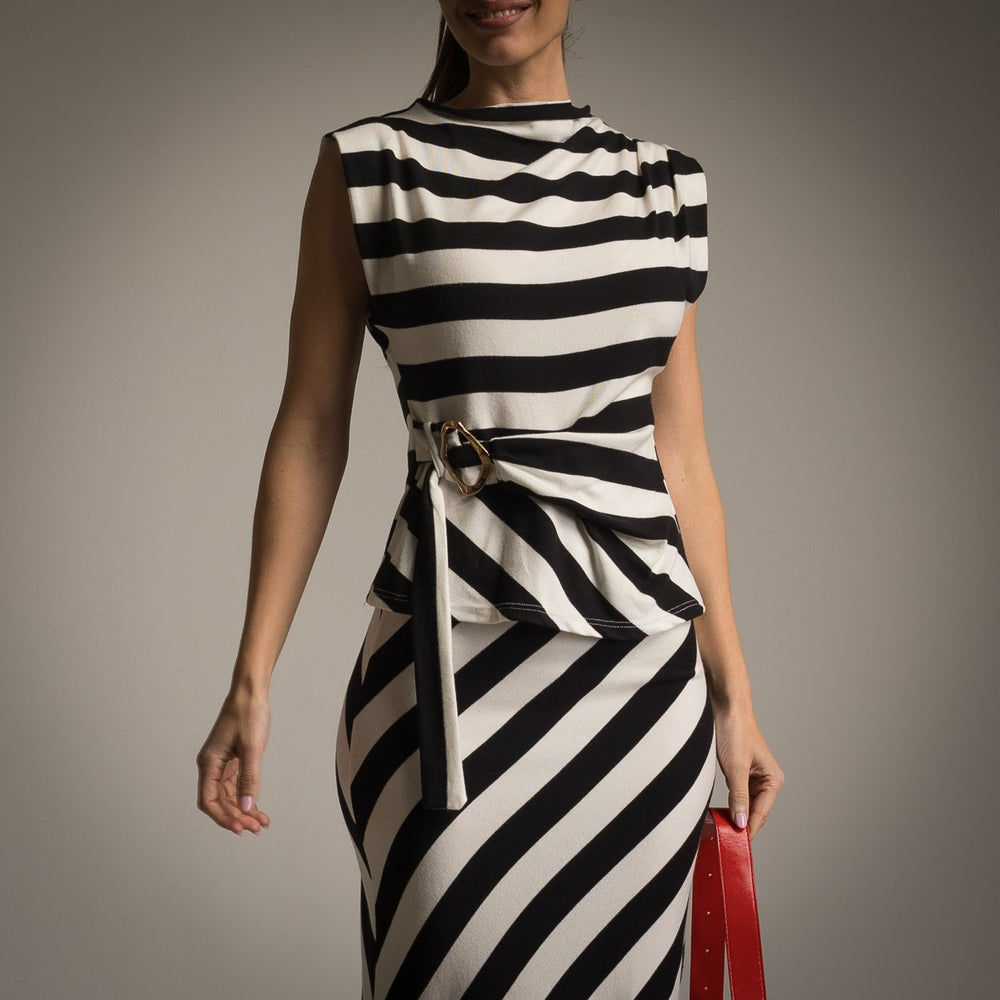 Close-up of black striped top with high neckline and tied waist