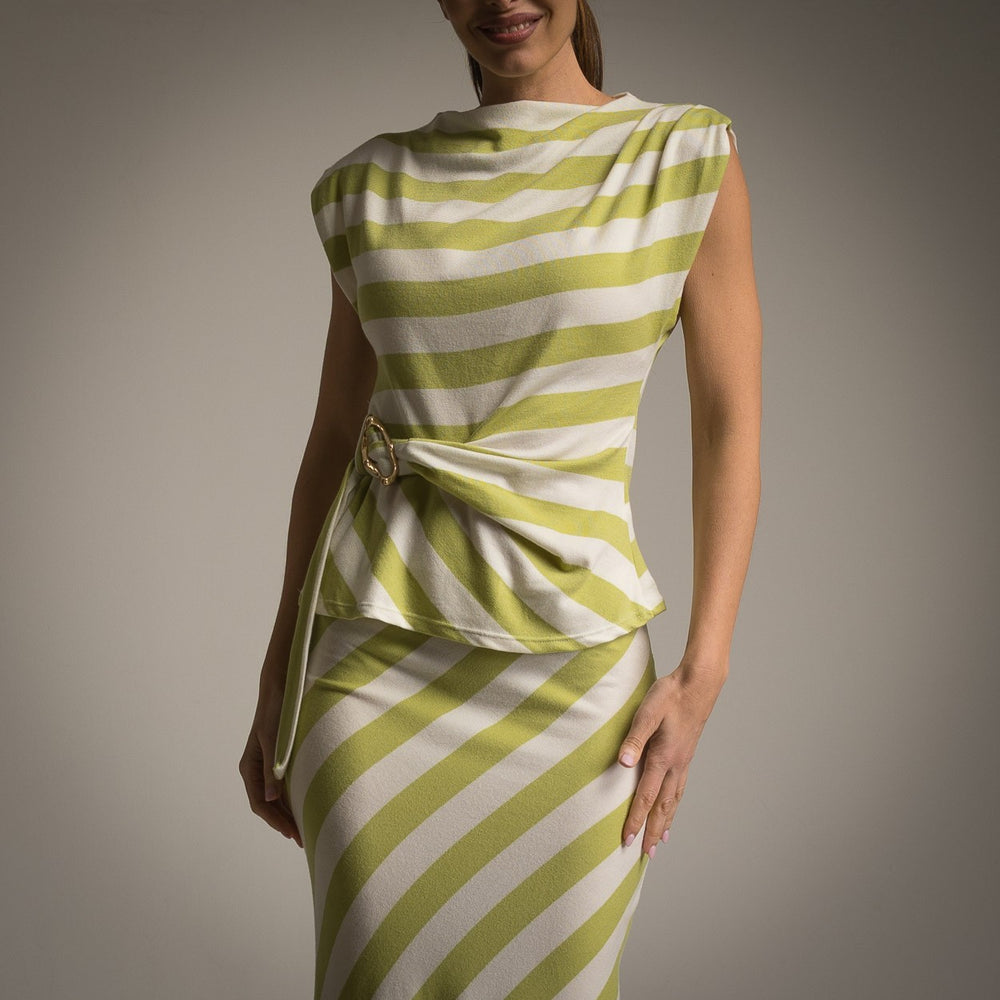 Close-up of lime green and white striped top with high neckline and tied waist