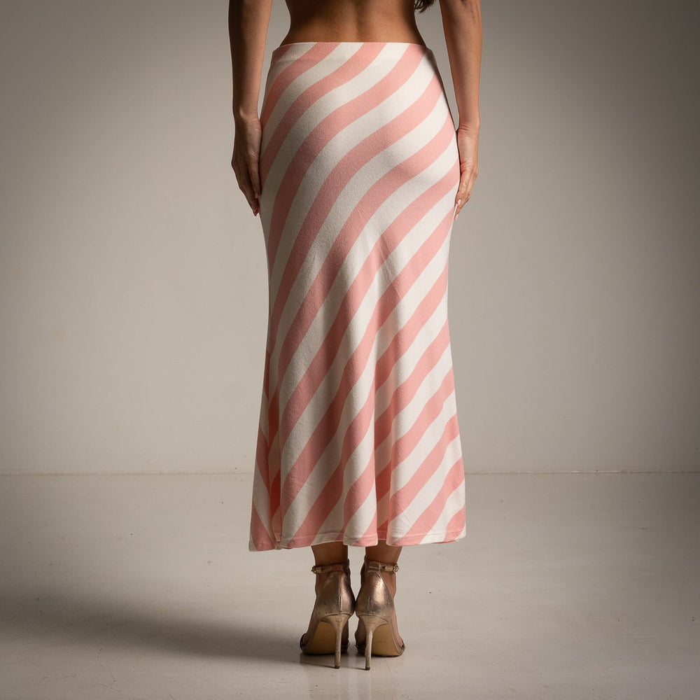 Back view of rose striped midi skirt highlighting diagonal stripe pattern