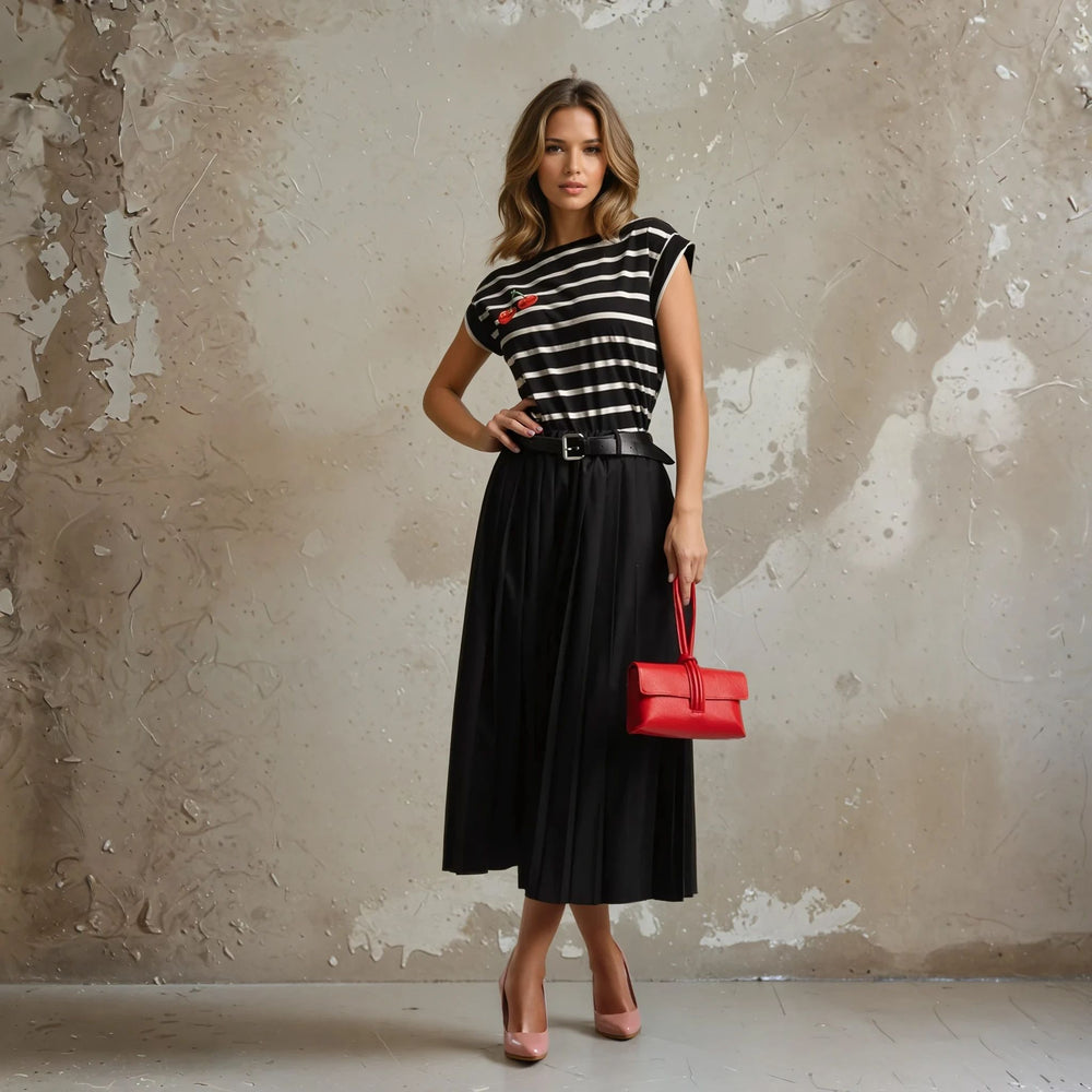 Woman wearing a black and white striped T-shirt with cherry embroidery, styled with a black pleated midi skirt, pink heels, and a red handbag, posing against a textured wall.