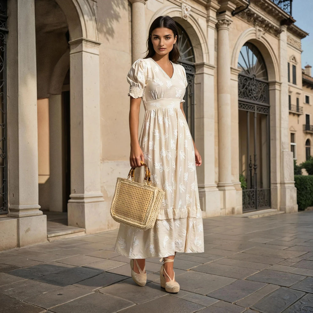 Chic beige midi one-size summer dress with leaf pattern, worn by a woman in front of a classic building, holding a straw handbag.