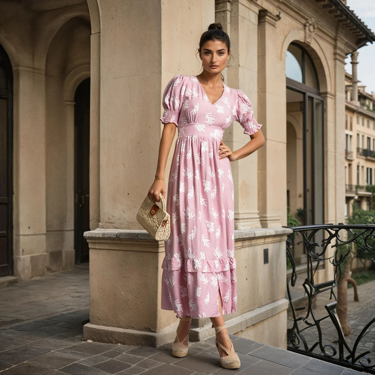 Soft rose midi one-size summer dress with leaf pattern, worn by a woman in front of a classic building, holding a straw clutch.