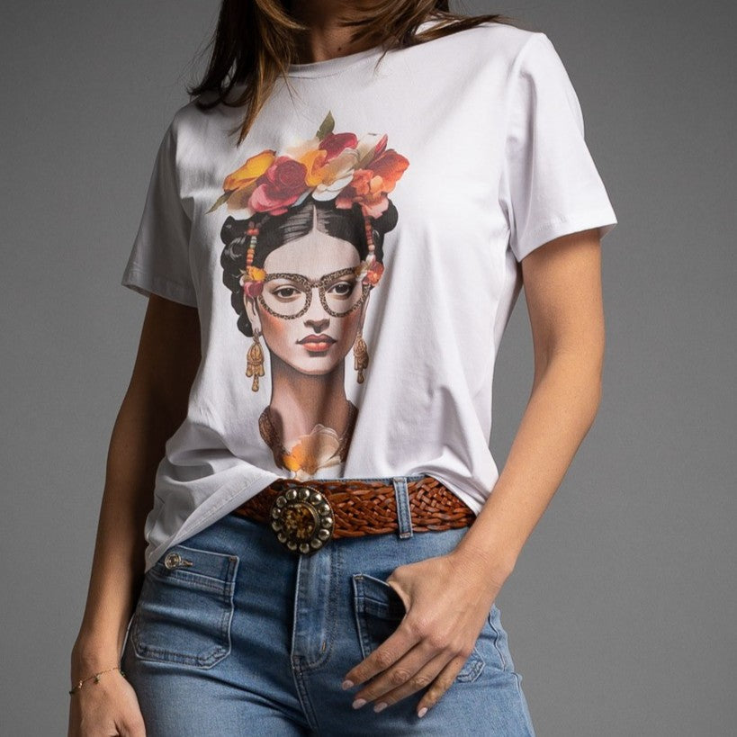 White cotton T-shirt with creative Frida Kahlo-inspired graphic and floral headpiece, styled with jeans and belt