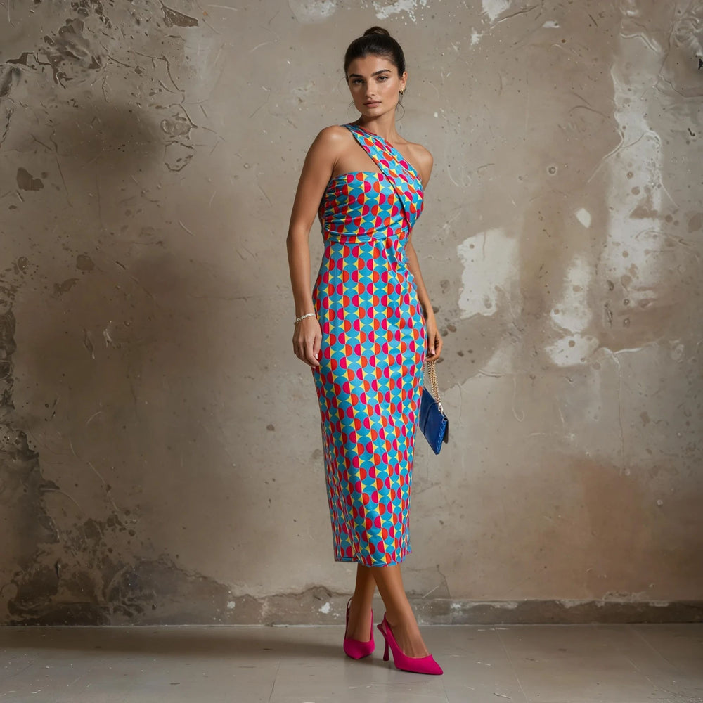 Model wearing a vibrant geometric-print one-shoulder midi dress with pink heels, styled against a raw concrete wall background