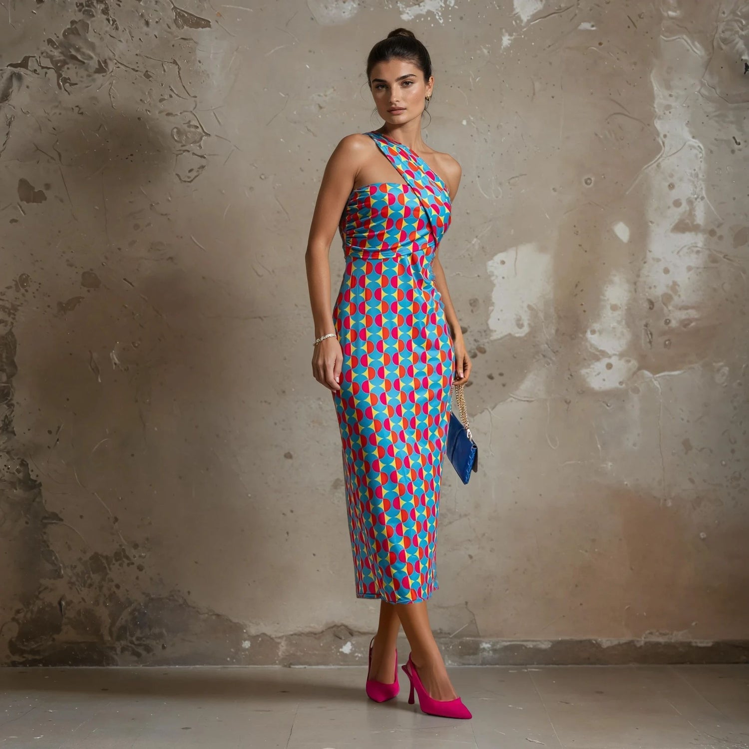 Model wearing a vibrant geometric-print one-shoulder midi dress with pink heels, styled against a raw concrete wall background