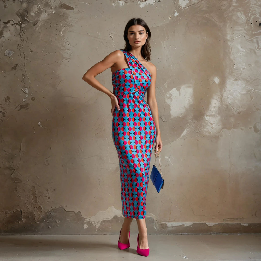 Front view of the bold dress with geometric design – a bright geometric-patterned bodycon midi dress with asymmetrical neckline and pink high heels