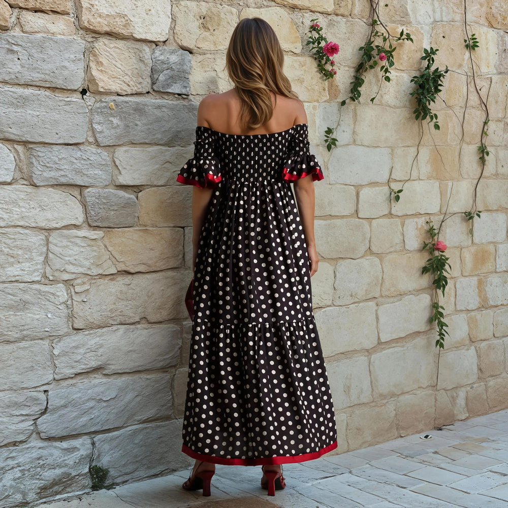 Back view of the black and white polka dot summer dress made in Italy