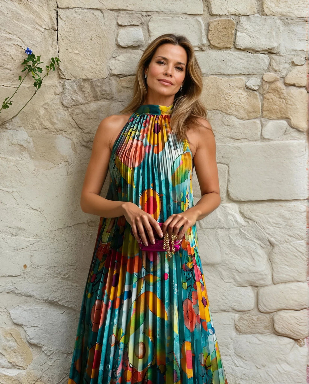 Front view of turquoise pleated halter dress with vibrant abstract circles, styled with a magenta clutch.