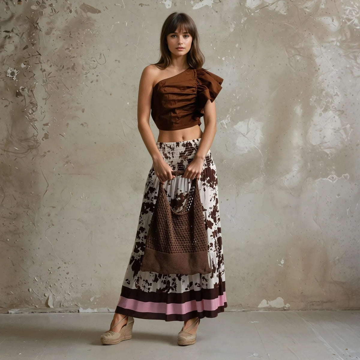 Woman in brown one shoulder crop top with ruffle and brown and pink hemmed maxi skirt