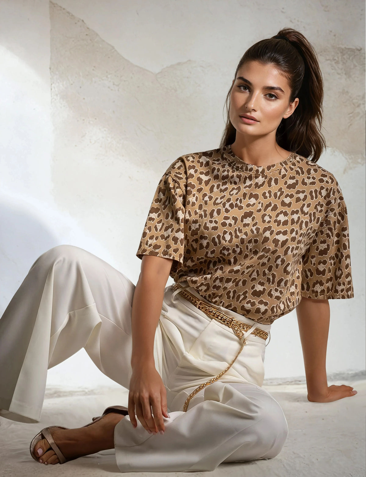 Woman posing in oversized leopard animal print top and cream trousers, Italian fashion