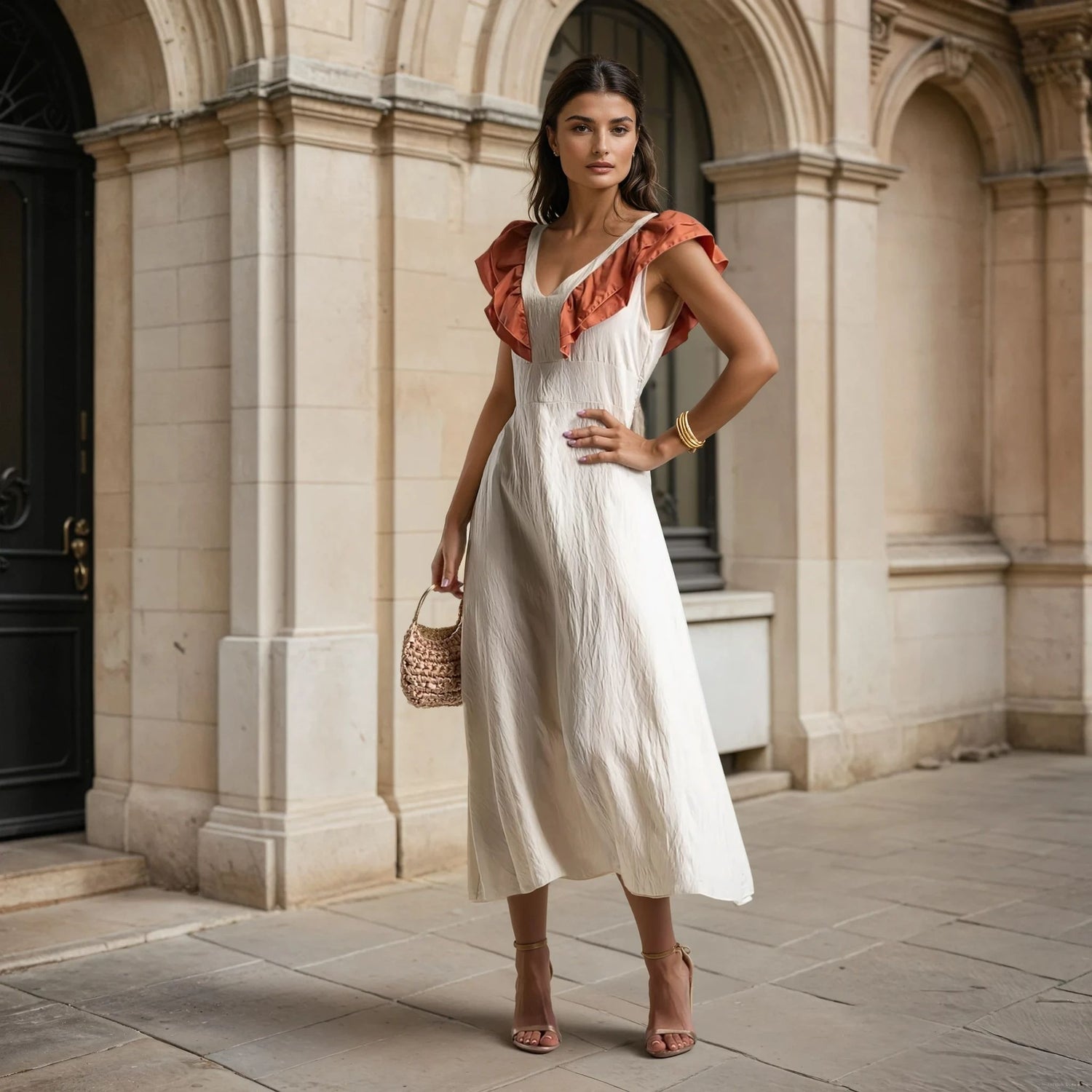 Model wearing a cream-colored midi dress with rust-orange ruffle details on the shoulders, styled with a woven handbag and heels, photographed in front of a classical building.
