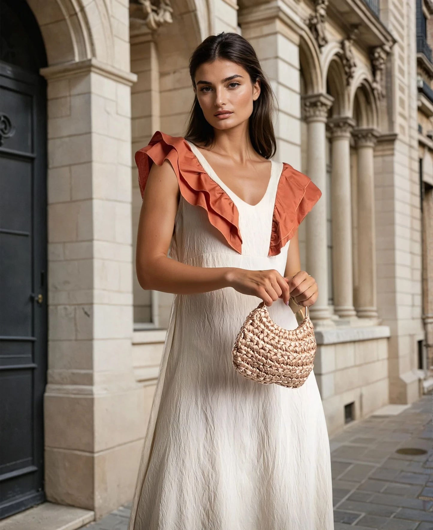 Close-up of a cream midi dress with deep V-neckline and rust-orange ruffle trim, highlighting the lightweight texture and elegant design.