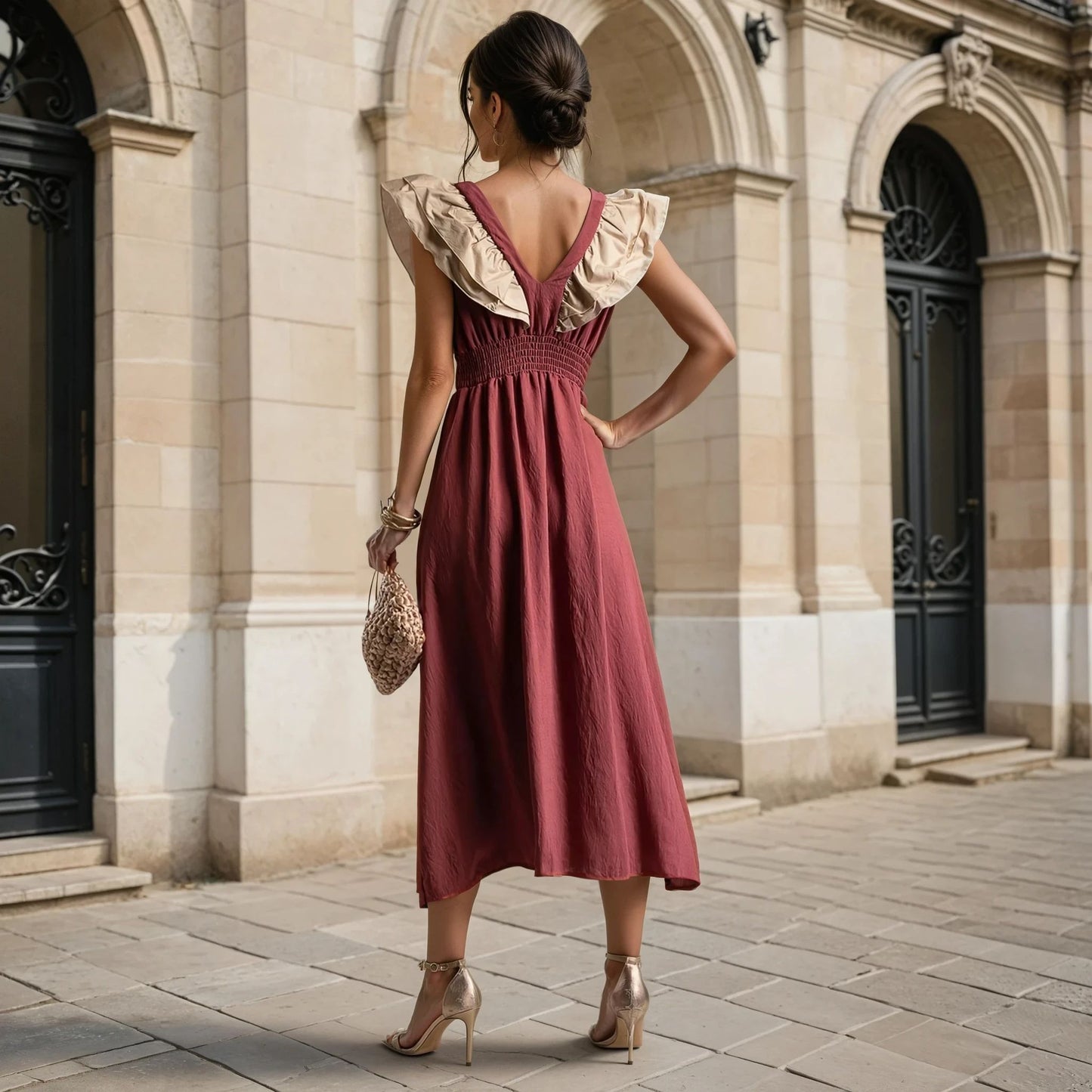 Back view of a rust-red dress with beige ruffles, featuring a flowing A-line cut and a deep back neckline, photographed outdoors.