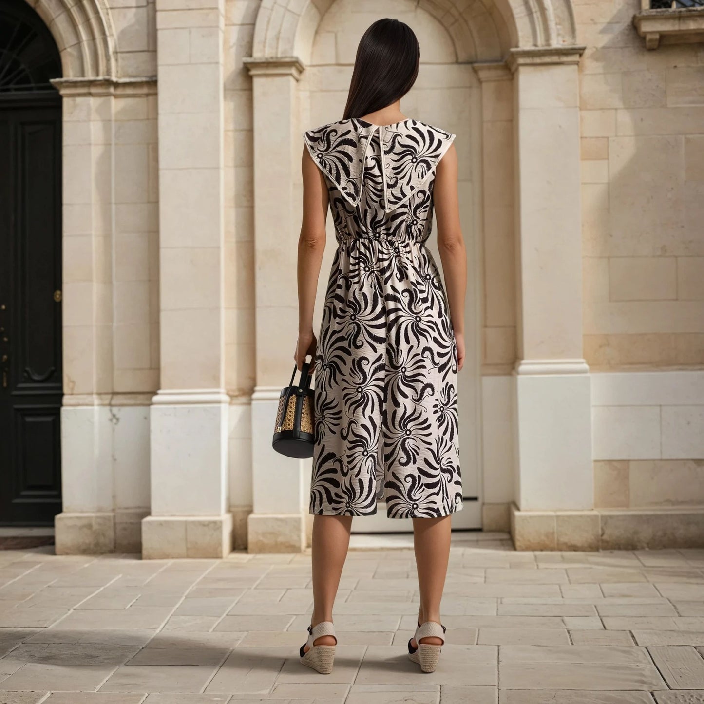 Backside of a black and beige sleeveless dress with structured shoulders and a flattering A-line cut, captured on a European street – MariGiou Modern Mediterranean Look.