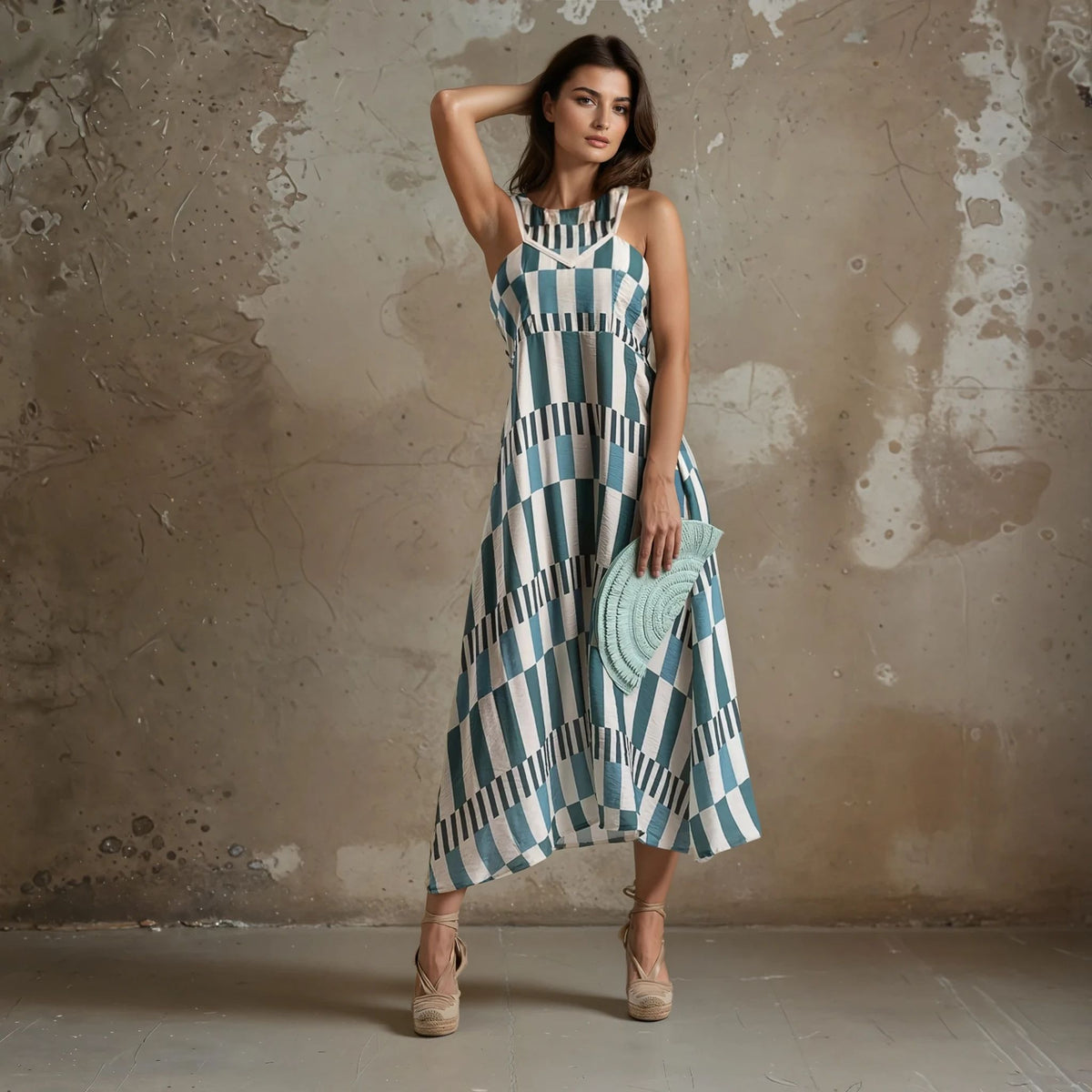Sleeveless summer dress with a flowing A-line silhouette and bold blue and white geometric stripes, paired with wedge sandals and a turquoise fan-shaped clutch.