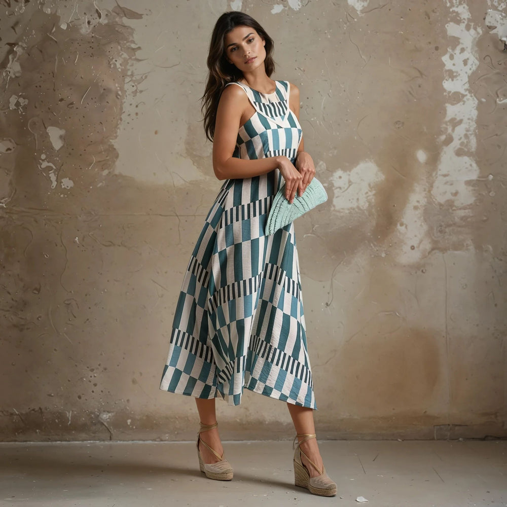 Elegant striped maxi dress in blue and white with diagonal geometric lines, styled with espadrille wedges – a breezy and stylish choice for summer.