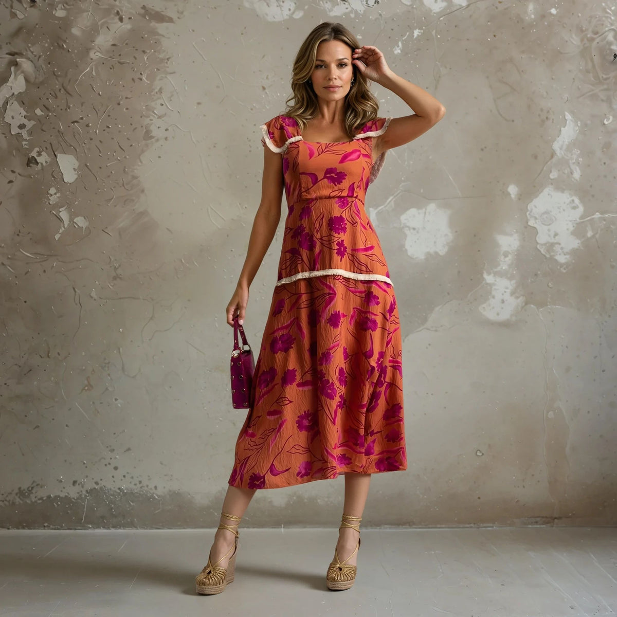 Woman wearing a rust-orange midi dress with vibrant pink floral print and white trim, holding a shiny pink mini handbag, posing in front of a textured industrial wall.
