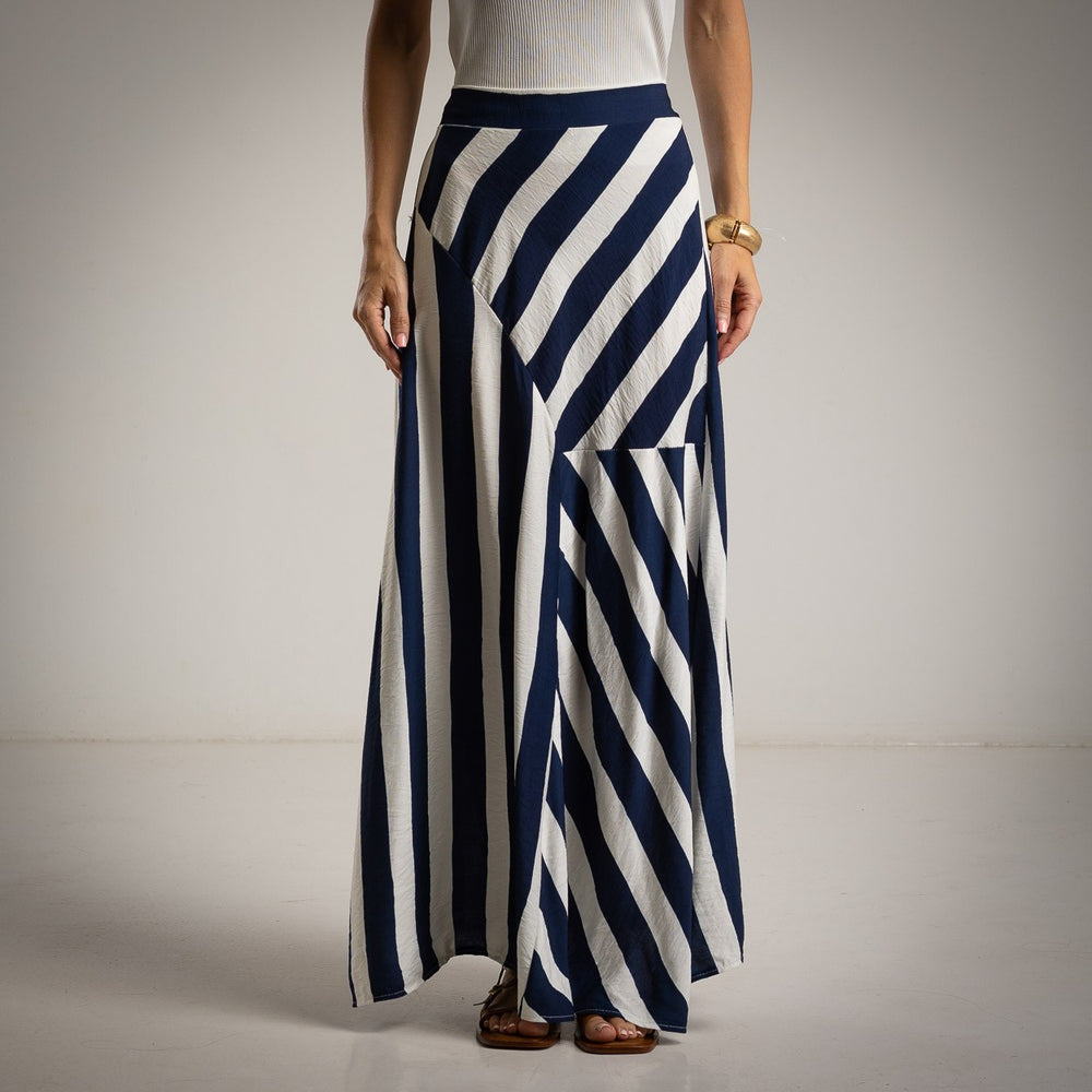 Front view of navy striped maxi skirt with diagonal and vertical stripe mix