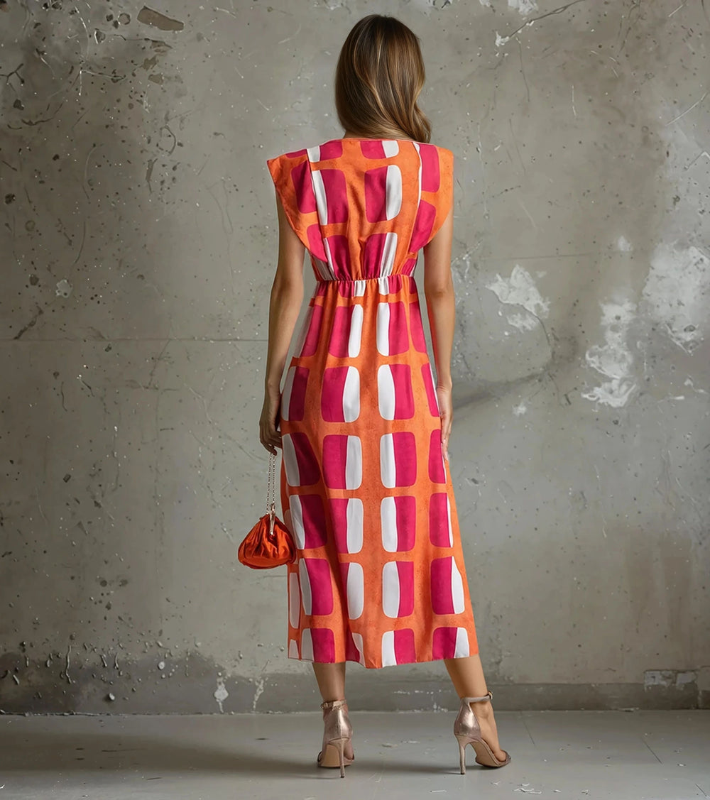 Back view of the Retro Chic Geometric Midi Dress in orange and pink retro geometric print – one size, Autumn 2025 Collection.