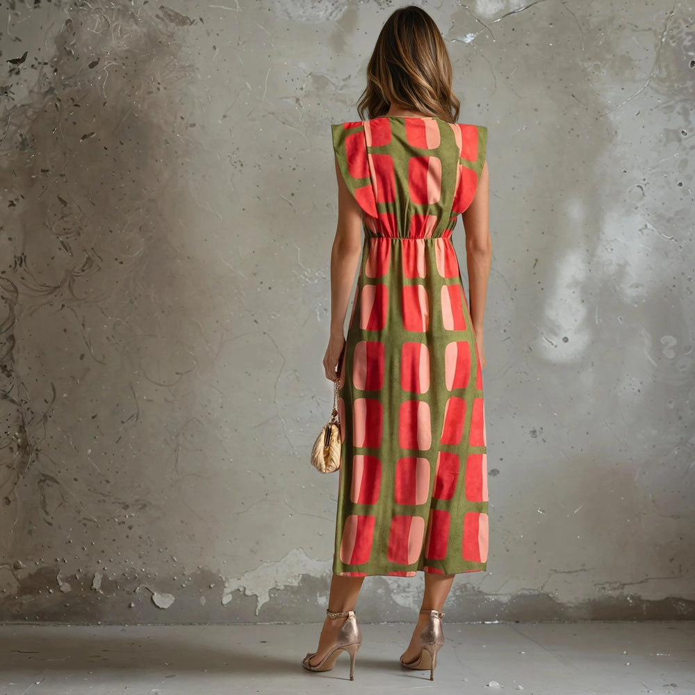 Back view of the Retro Chic Geometric Midi Dress in olive green and pink geometric print – one size, Made in E.U., Autumn 2025 Collection