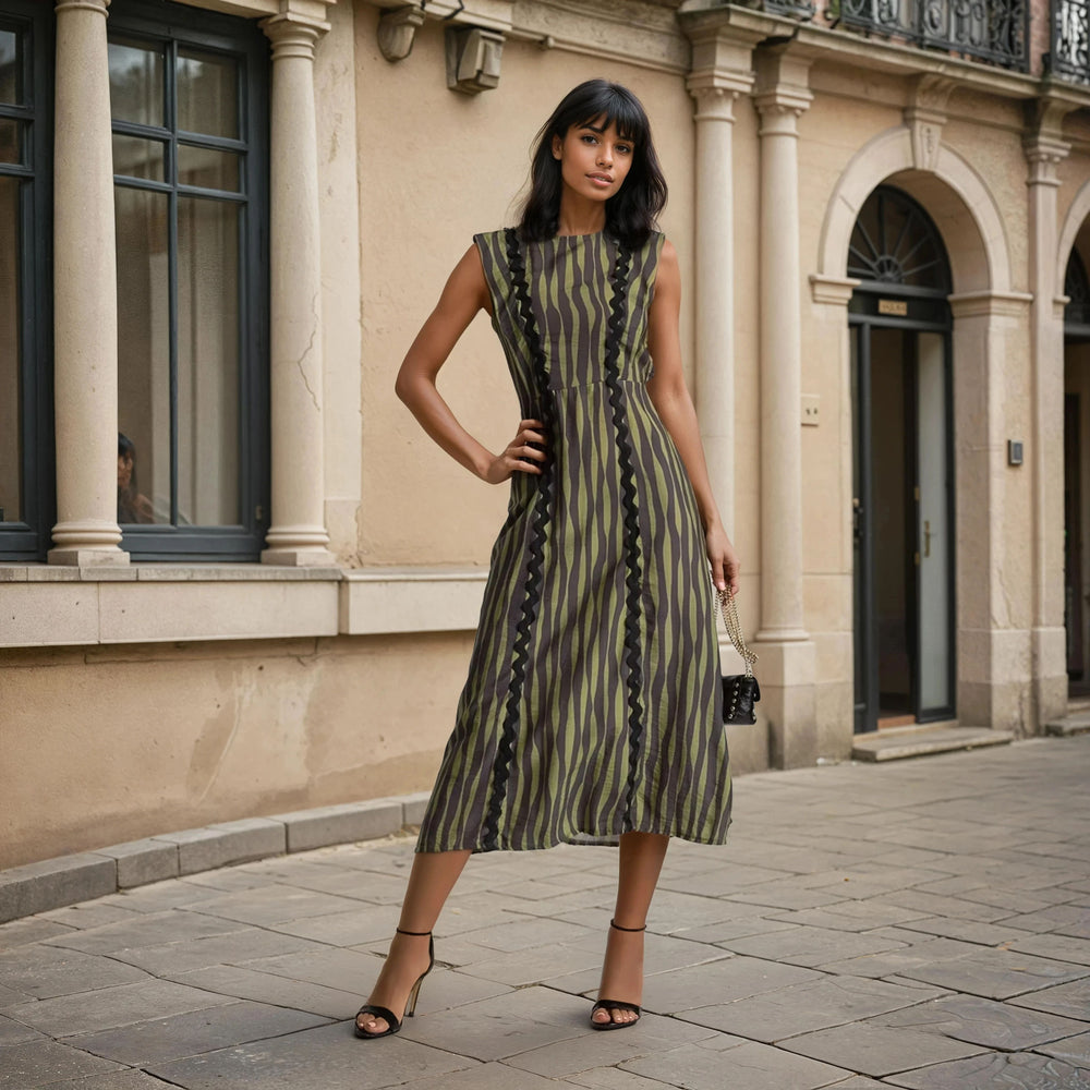 Full front view of the Striped Midi Dress Camou Vibes in olive and black stripes with zigzag trim, styled with black heels and handbag – Autumn 2025 Collection.