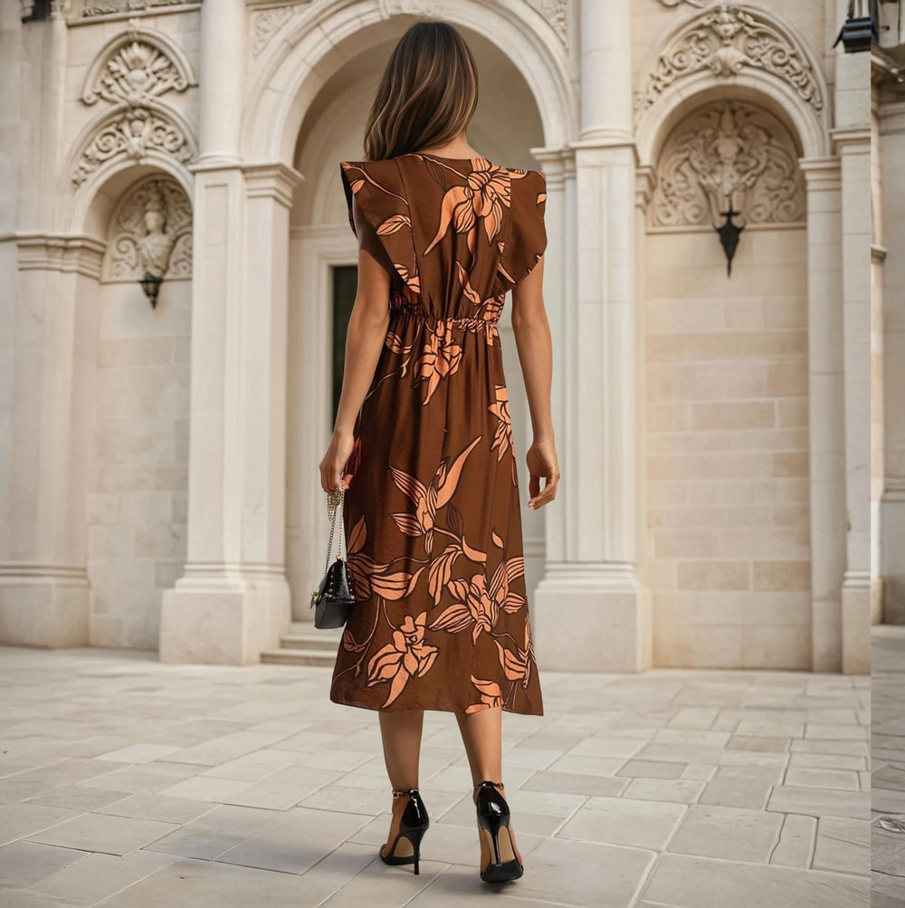 Back view of the Midi Floral Statement Dress in chocolate brown with terracotta floral print – 100% viscose, Made in Italy, Autumn 2025 Collection.
