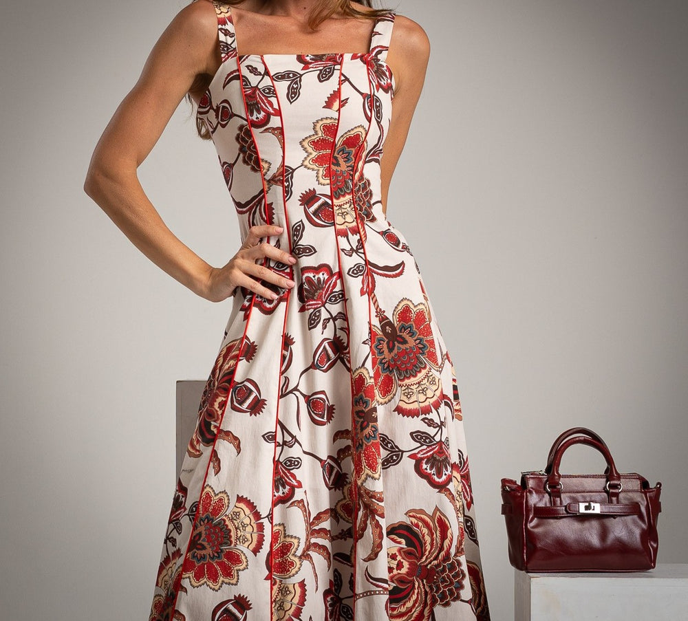 Close-up of the Botanical Elegance Cotton Midi Dress in cream with red botanical floral print – 100% cotton, Made in E.U., Autumn 2025 Collection.