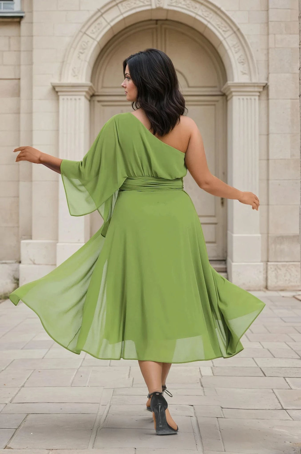 Back view of a plus size woman twirling in a flowing green one-shoulder dress with draped sleeve, highlighting the movement of the fabric.