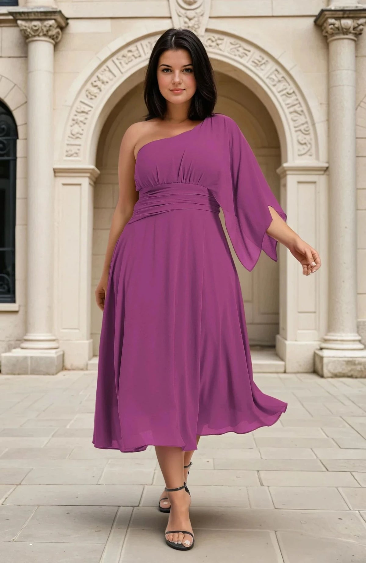 Plus size woman wearing a vibrant purple one-shoulder formal dress with gathered waist and asymmetric drape, walking forward in an elegant courtyard