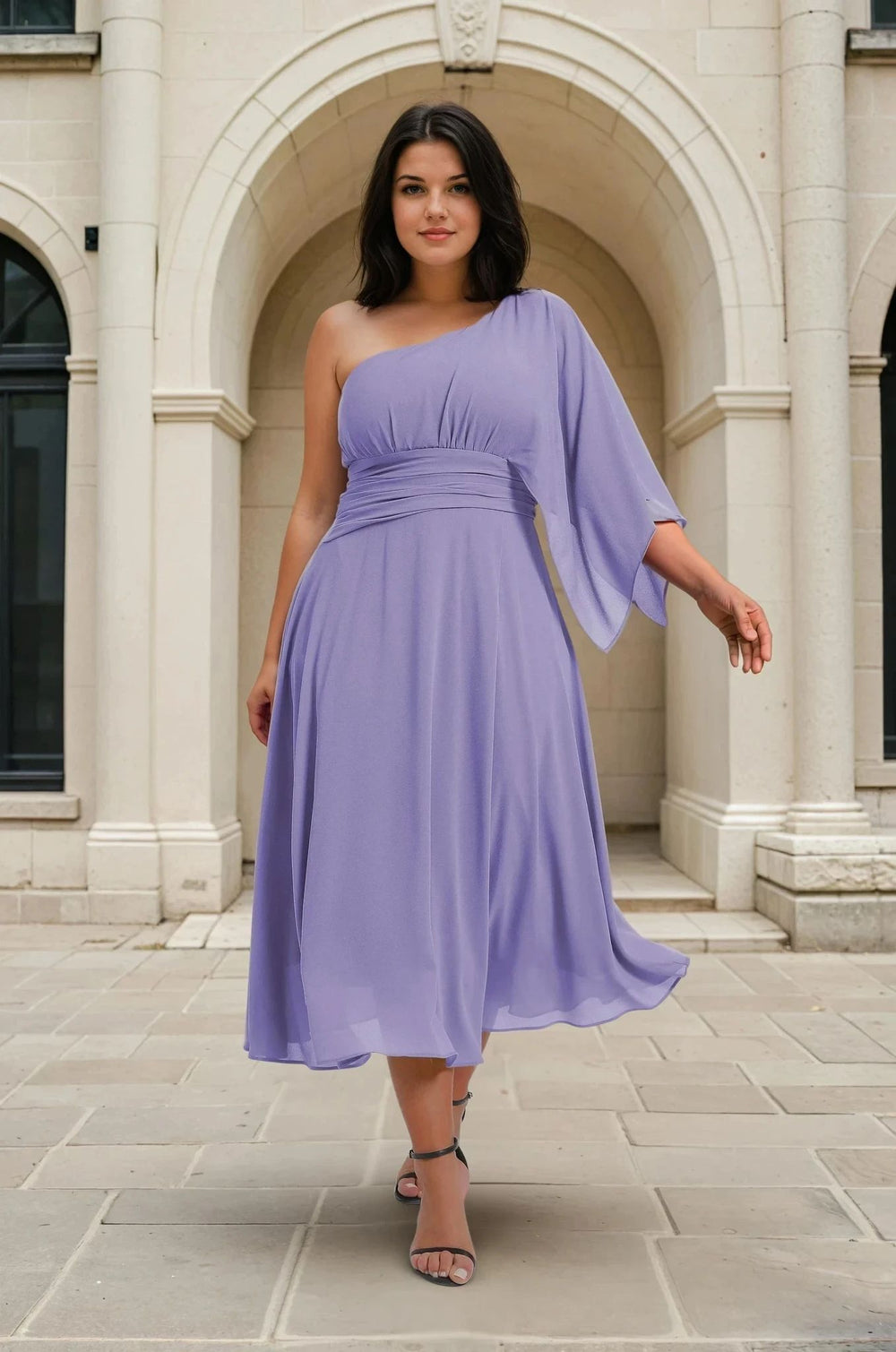 Plus size woman walking confidently in a flowing one-shoulder lavender formal dress with gathered waist detail, photographed in front of elegant stone architecture.
