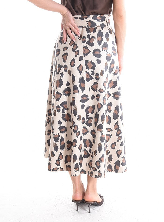 Leopard Print Midi Skirt with Belt