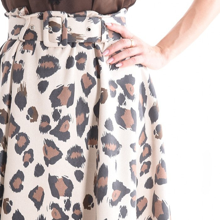 Leopard Print Midi Skirt with Belt