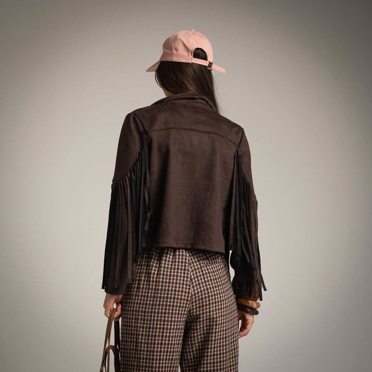 biker fringes suede jacket chocolate back view