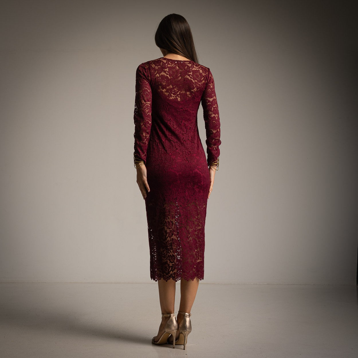 Burgundy lace midi dress – studio back view