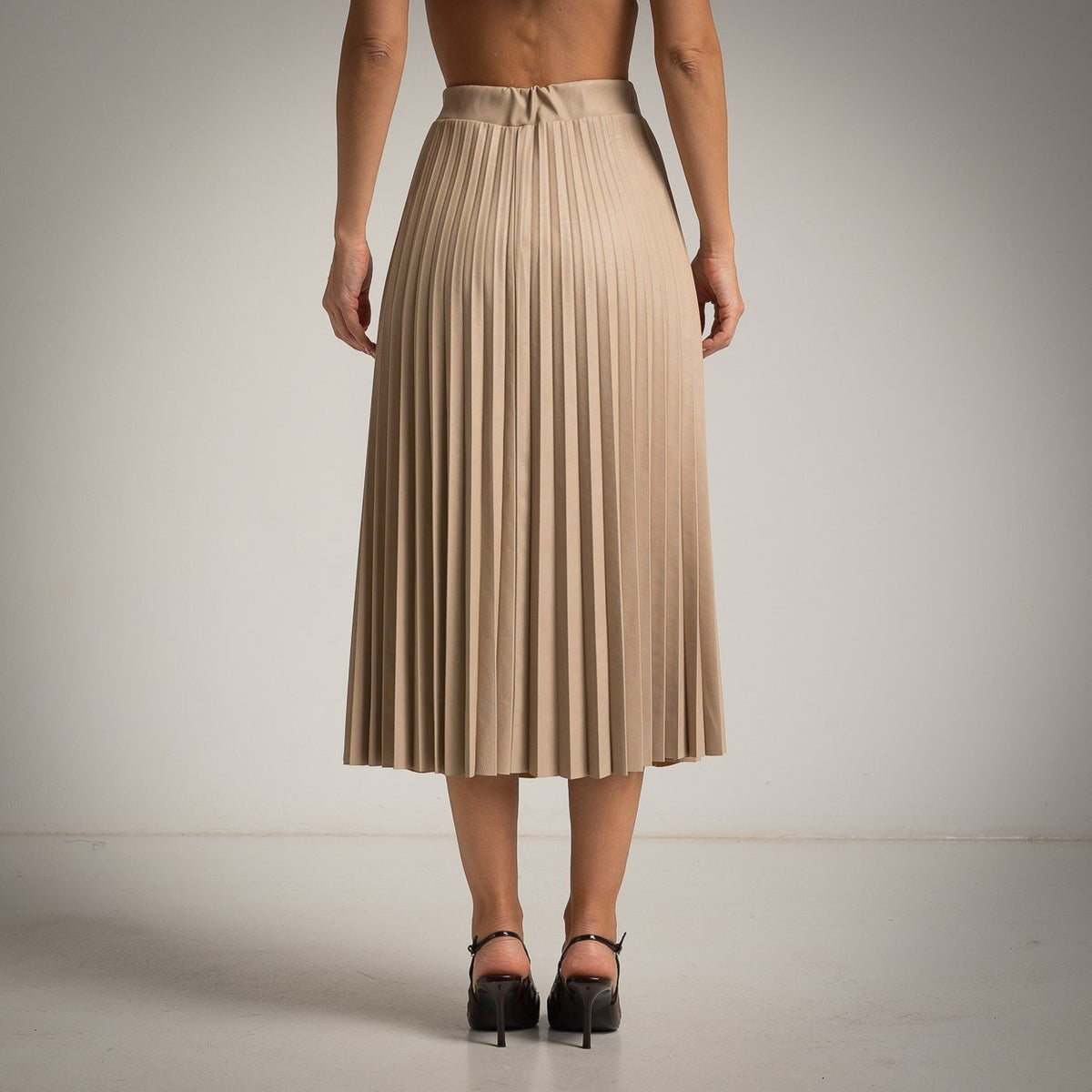 Beige ECO Leather pleated midi skirt back view