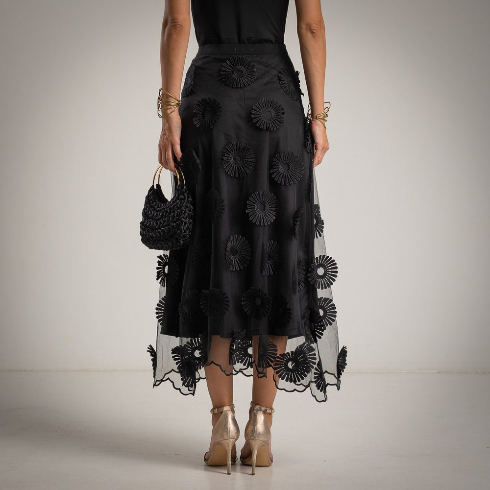 Elegant black skirt with appliqué flowers – back view