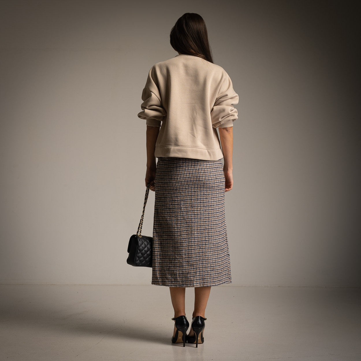 Beige embellished sweatshirt with rhinestones – back view