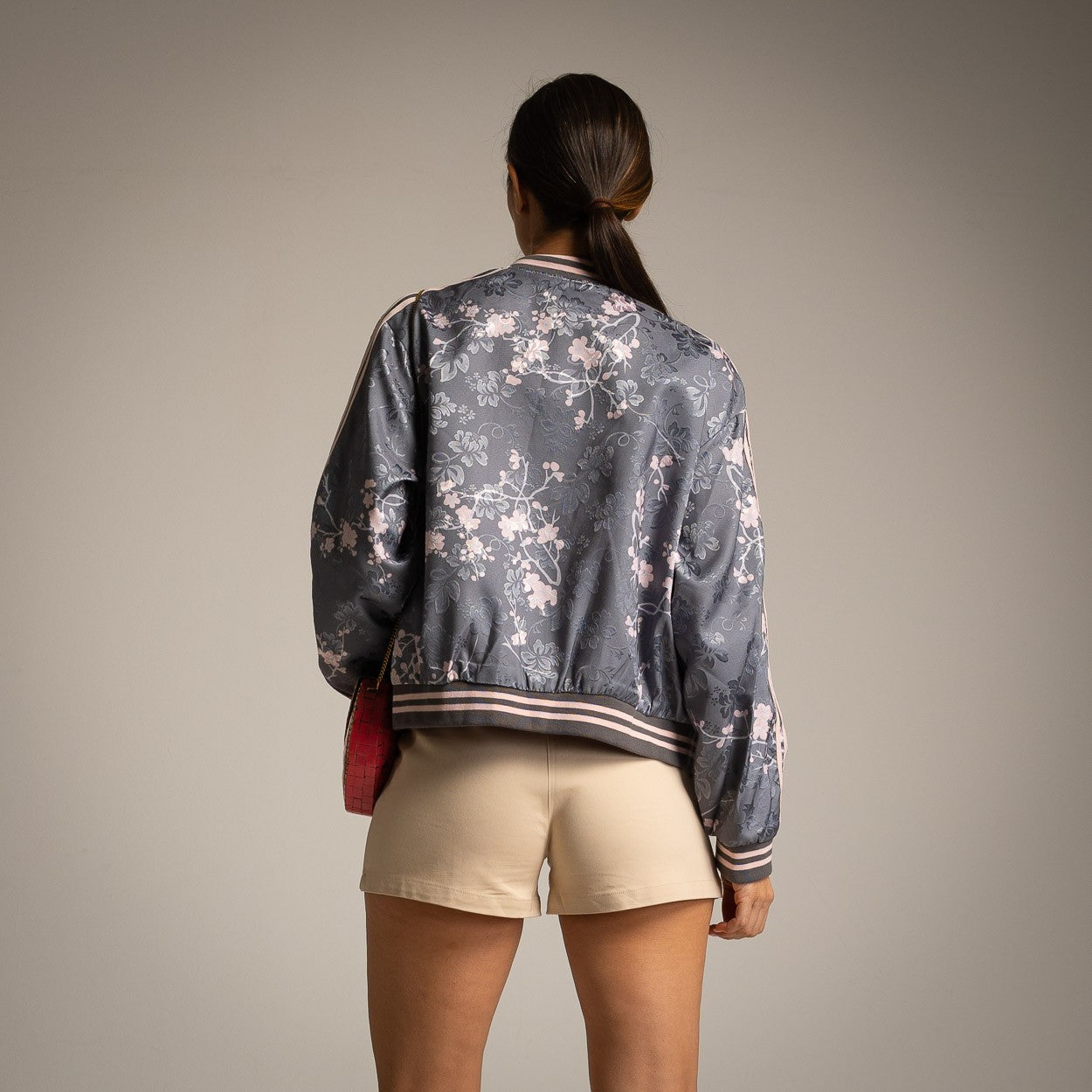 Grey floral bomber jacket with pink blossoms back view by MARIΓIOÚ
