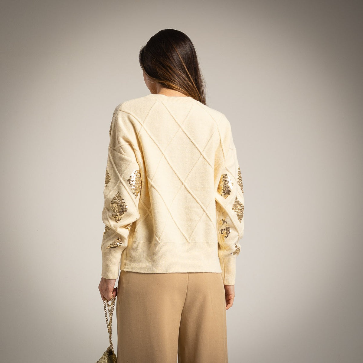Ivory White diamond sequin knit sweater with round neckline - back view