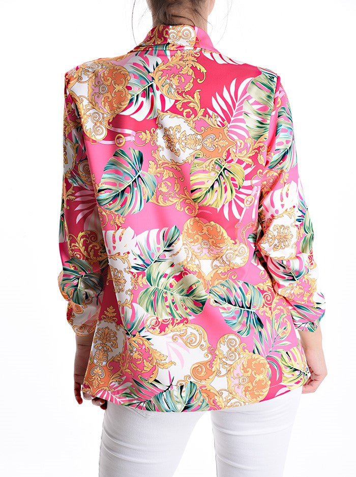 Baroque tropical print blazer in Fuchsia Pink back view