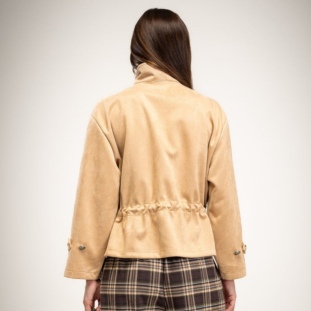 Latte Beige faux suede utility jacket with stand-up collar, flap pockets and drawstring waist - back view