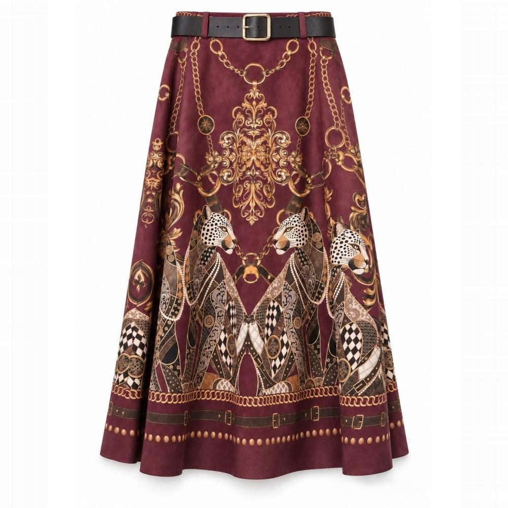 Deep Wine Red suede-look A-line midi skirt with baroque leopard and golden chain print and belt - front view