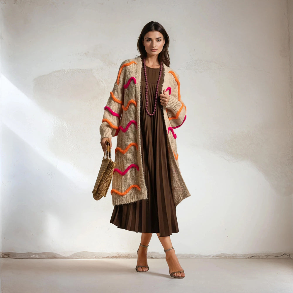 Chunky knit long cardigan with colorful accents – front view | MARIΓIOÚ