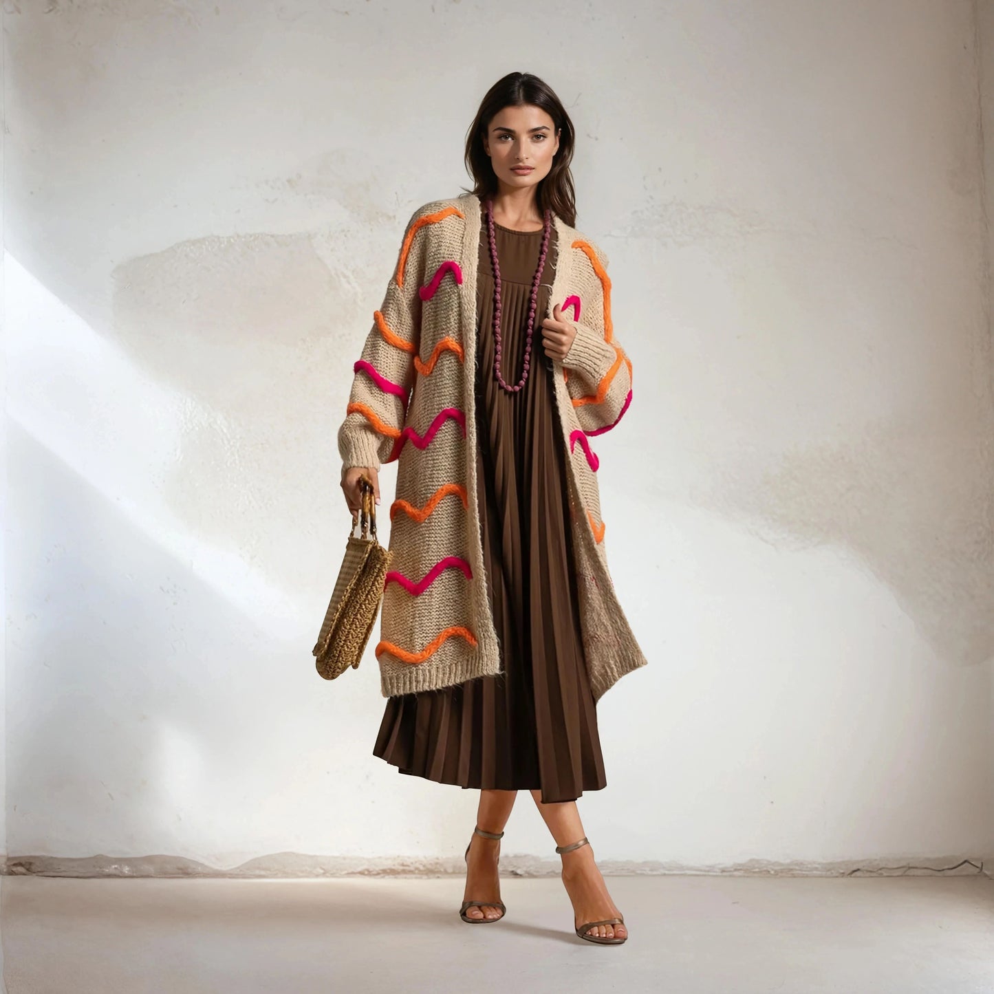 Chunky knit long cardigan with colorful accents – front view | MARIΓIOÚ