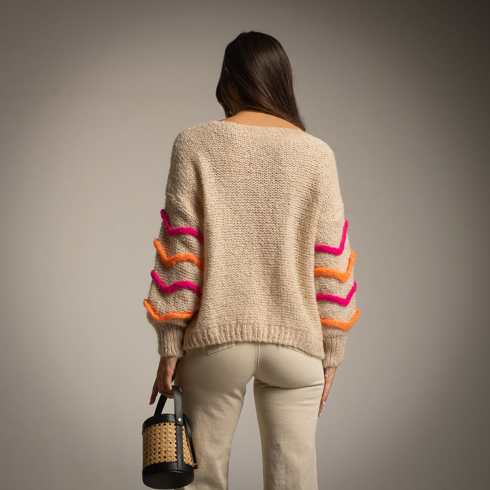 Back view of beige chunky knit sweater with colorful sleeves – Made in Italy | MARIΓIOÚ